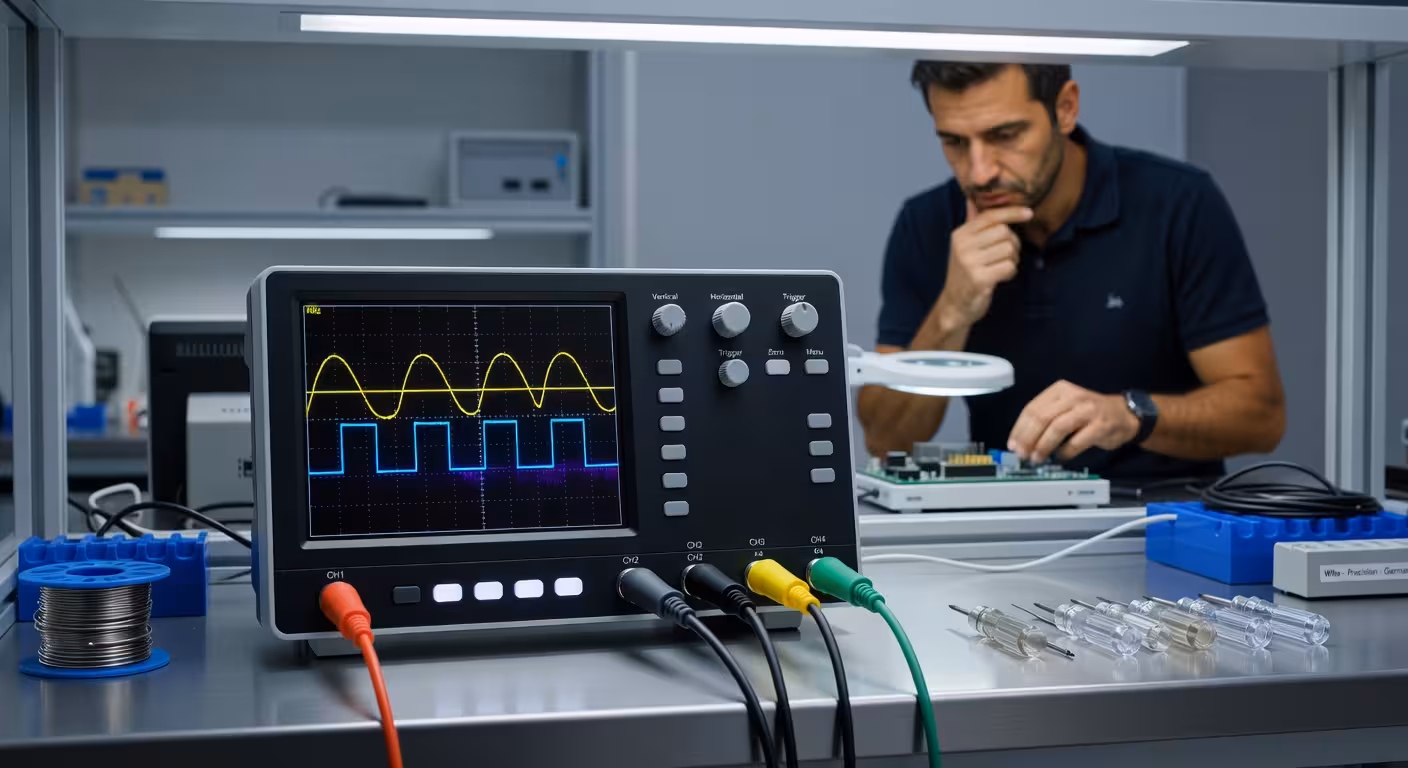 Osciloscopio digital de almacenamiento profesional en laboratorio de electrónica moderno