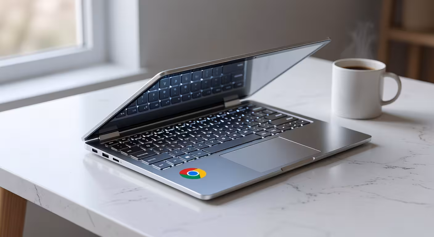 Chromebook moderno de diseño minimalista sobre escritorio blanco con iluminación natural