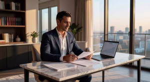 Hombre profesional revisando documentos hipotecarios en oficina moderna de lujo