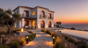 Iluminación exterior de lujo en villa mediterránea con balizas LED y uplighting arquitectónico al atardecer