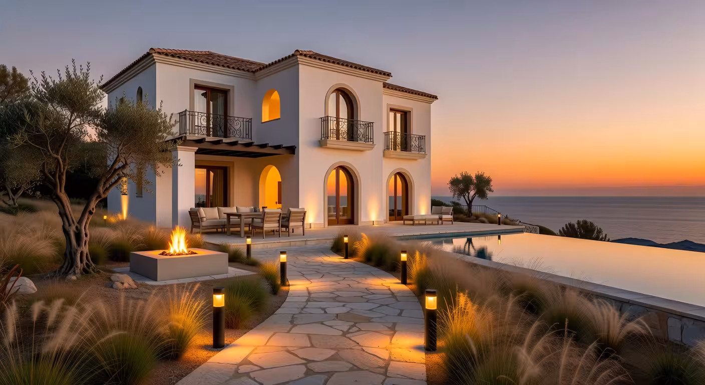 Iluminación exterior de lujo en villa mediterránea con balizas LED y uplighting arquitectónico al atardecer