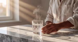 Beber agua caliente: qué dice la ciencia sobre sus beneficios reales Vaso de agua caliente con vapor en encimera de mármol, estilo de vida saludable
