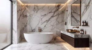 Baño de lujo moderno con mármol Calacatta blanco, bañera exenta y grifería dorada