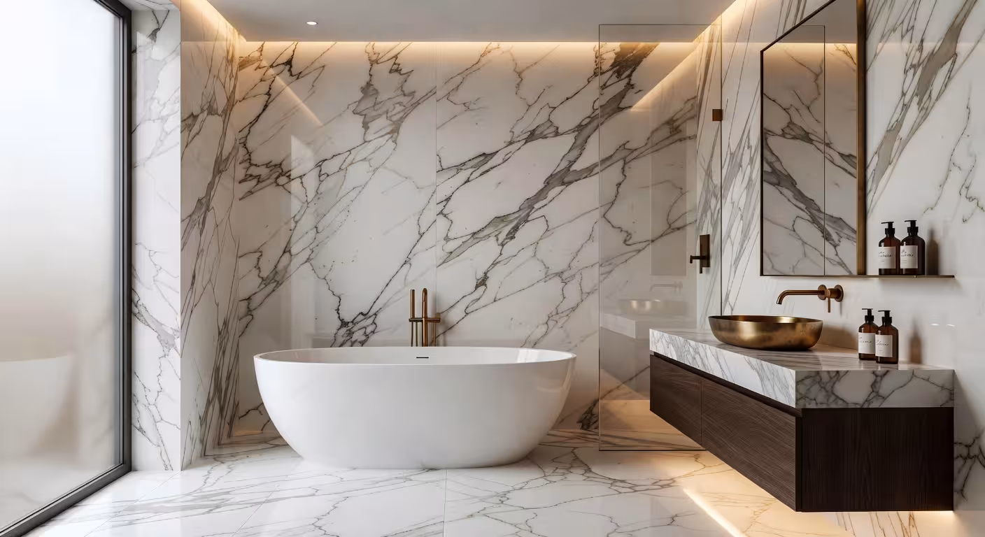 ¿Por qué elegir un baño de mármol? La guía definitiva para un espacio de lujo atemporal Baño de lujo moderno con mármol Calacatta blanco, bañera exenta y grifería dorada