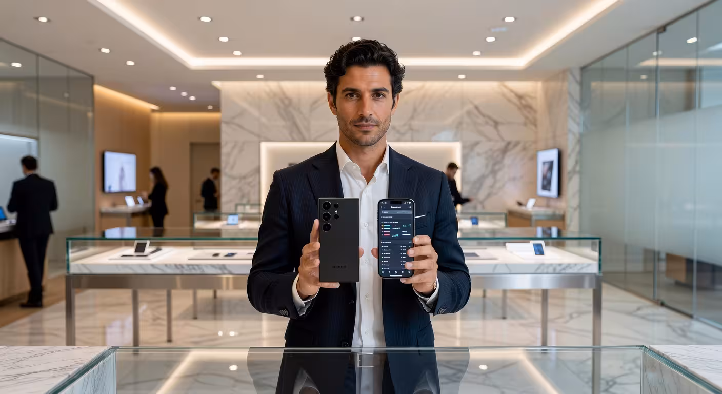 Hombre comparando smartphones de gama alta en tienda de tecnología premium