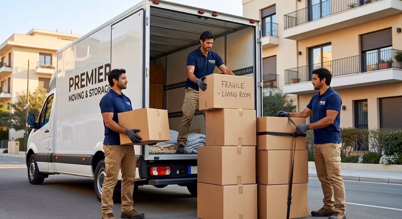Cómo ahorrar dinero en tu mudanza: 10 estrategias que realmente funcionan Trabajadores profesionales de empresa de mudanzas cargando cajas en camión de forma organizada