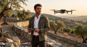 Por qué un drone es la inversión tecnológica más divertida que puedes hacer Hombre pilotando un drone DJI en exteriores con paisaje mediterráneo al fondo