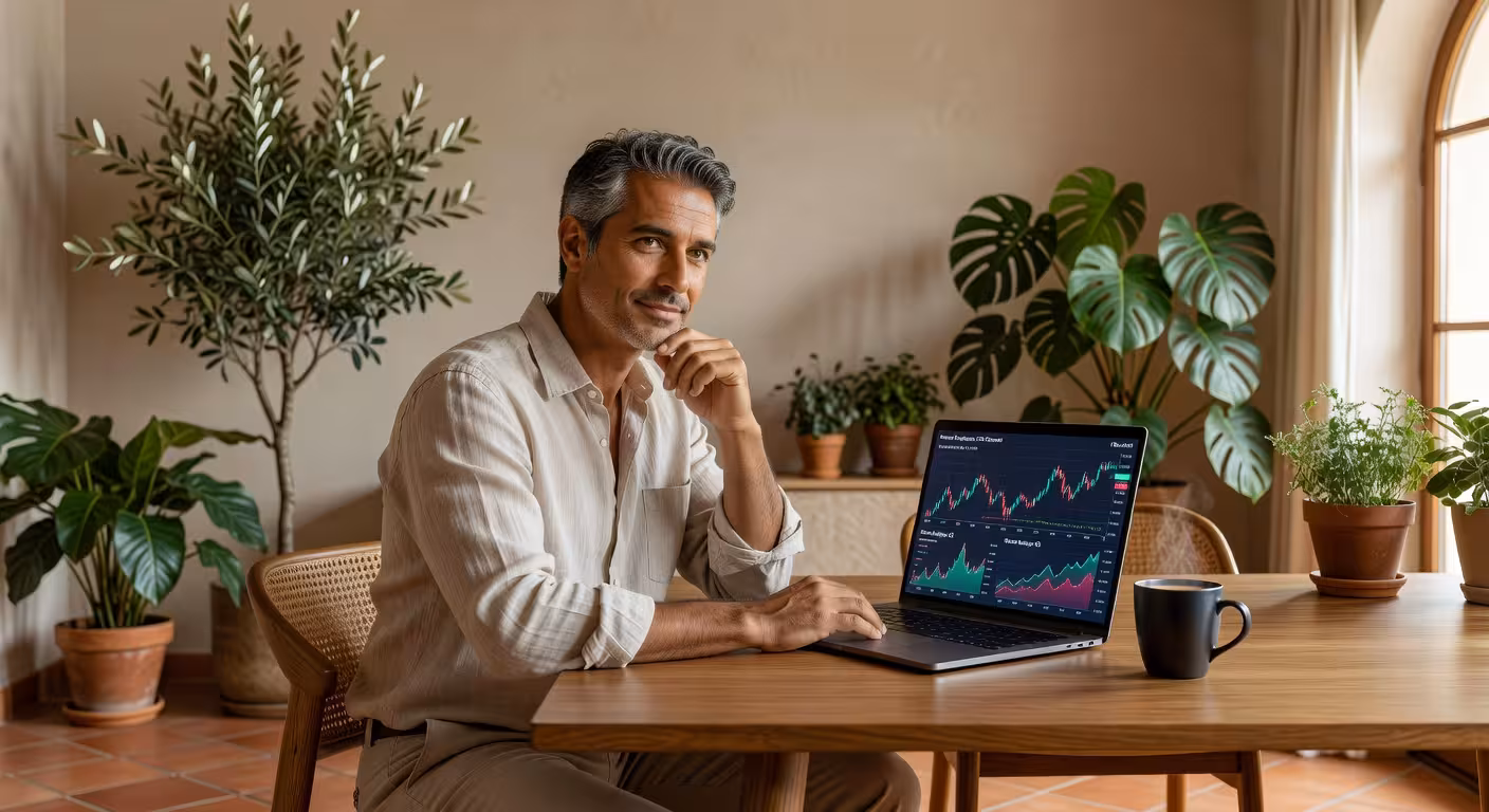 Hombre trabajando en su plan de independencia financiera desde casa