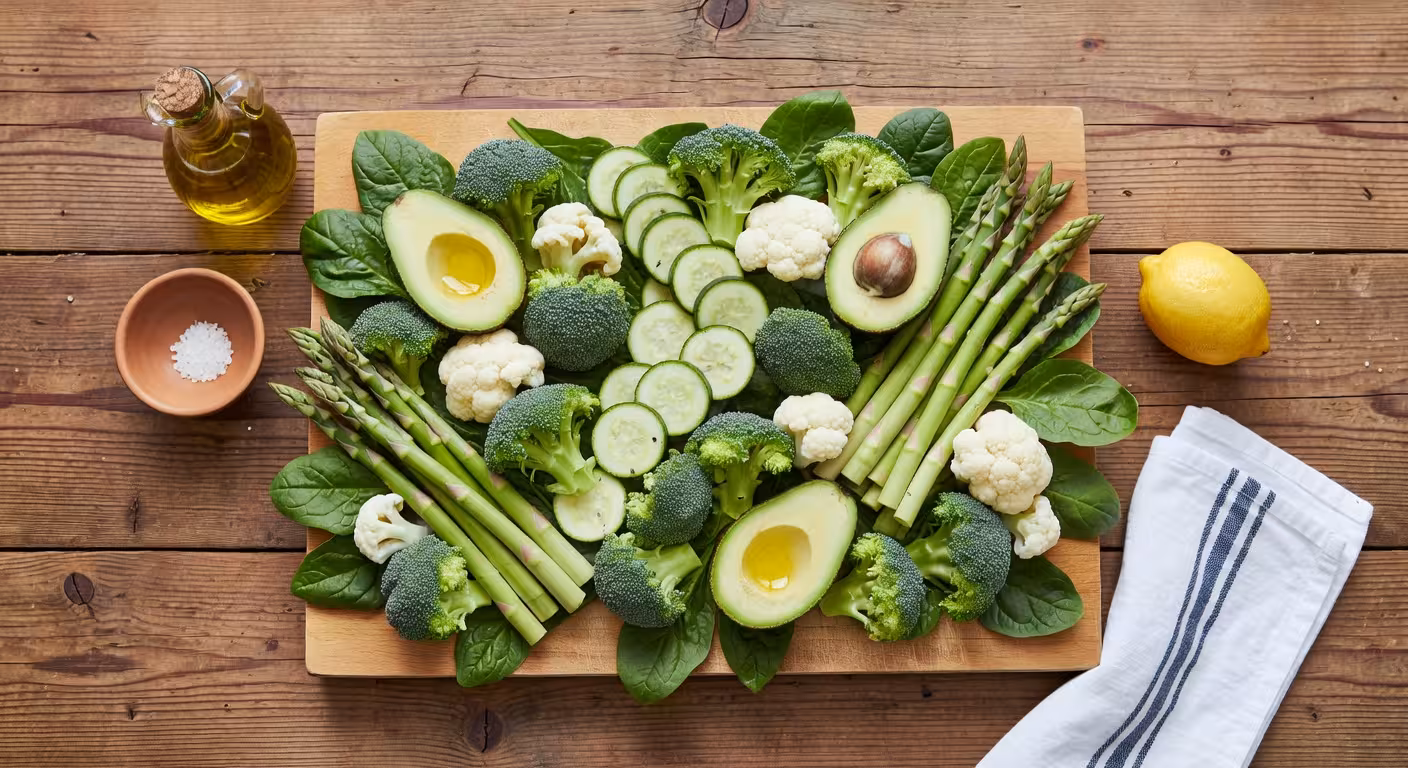 Vegetales frescos bajos en carbohidratos para dieta keto sobre mesa de madera rústica