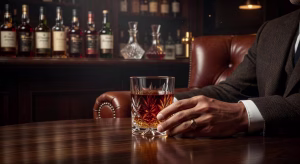 10 sorprendentes beneficios para la salud de beber whisky (con moderación) Copa de whisky de malta en elegante ambiente de degustación con iluminación cálida