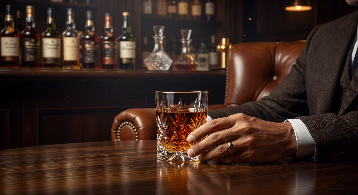 10 sorprendentes beneficios para la salud de beber whisky (con moderación) Copa de whisky de malta en elegante ambiente de degustación con iluminación cálida