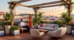 Terraza de lujo en azotea con mobiliario moderno y jardín vertical mediterráneo