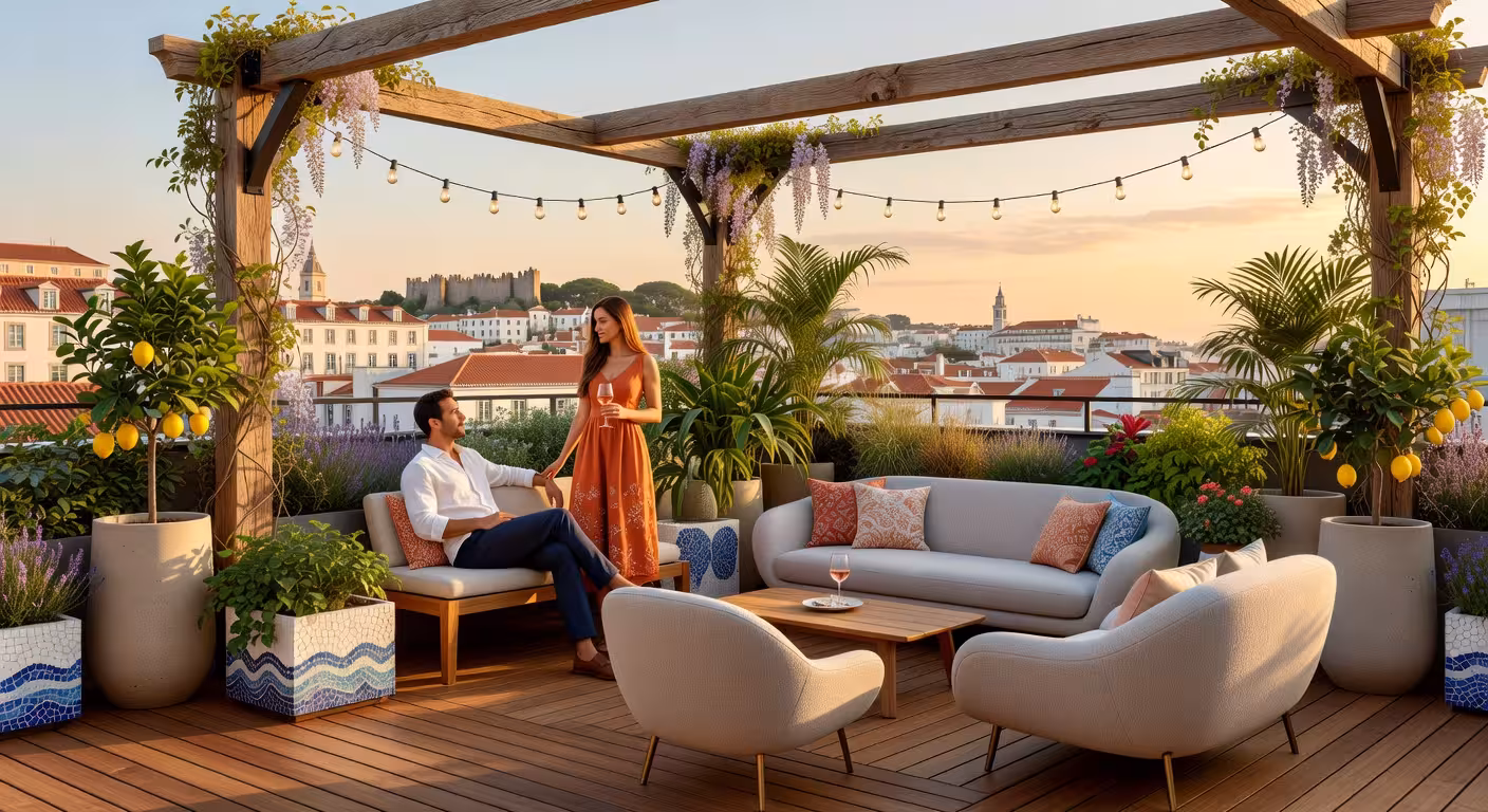 Terraza de lujo en azotea con mobiliario moderno y jardín vertical mediterráneo