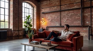 Salón de estilo industrial sofisticado con pared de ladrillo visto, tuberías metálicas y muebles de madera recuperada