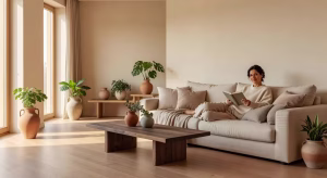Salón minimalista estilo Japandi con luz natural, muebles de madera y textiles naturales creando ambiente relajante