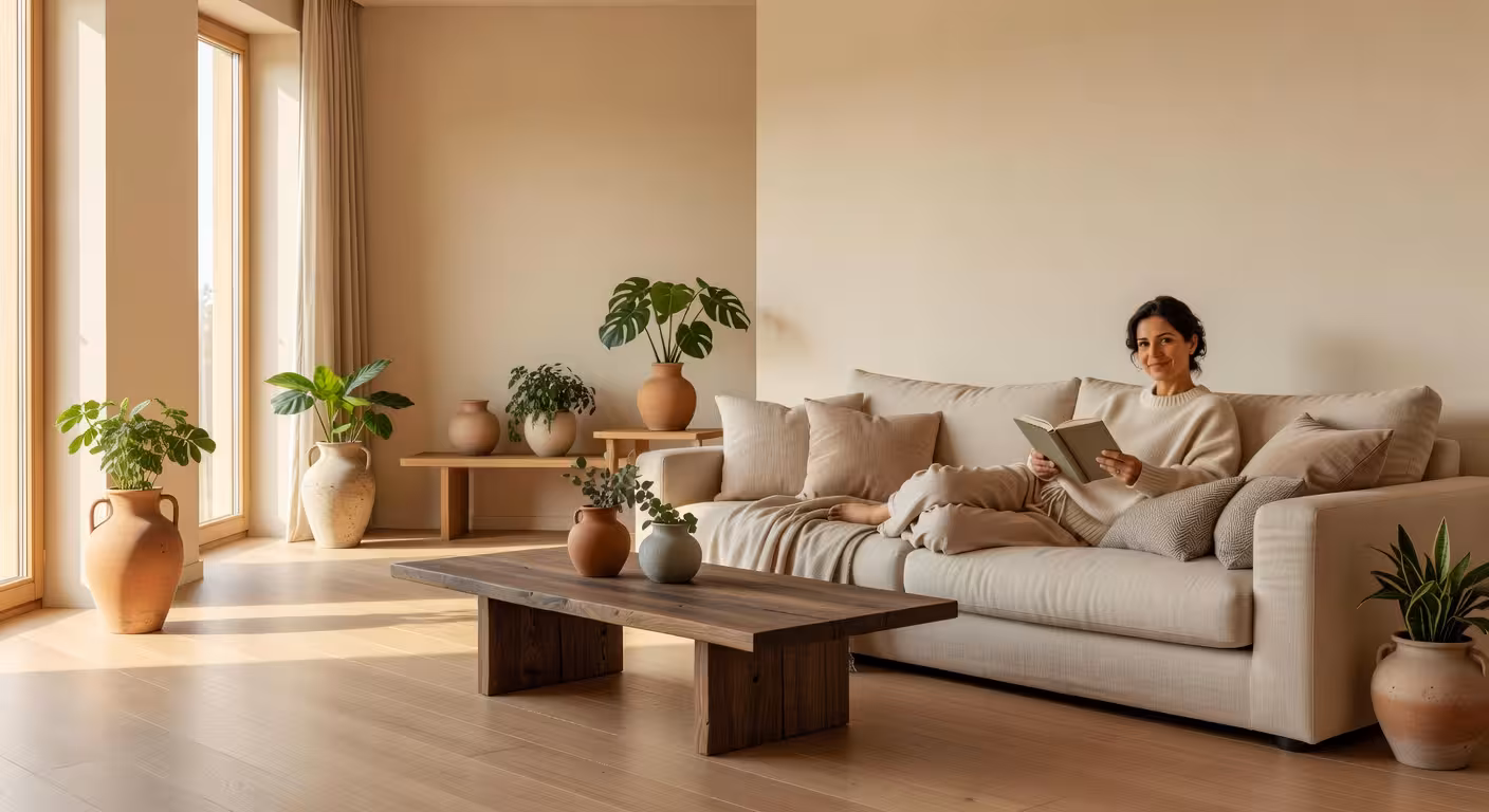 Cómo crear un ambiente relajante en casa: guía definitiva Salón minimalista estilo Japandi con luz natural, muebles de madera y textiles naturales creando ambiente relajante