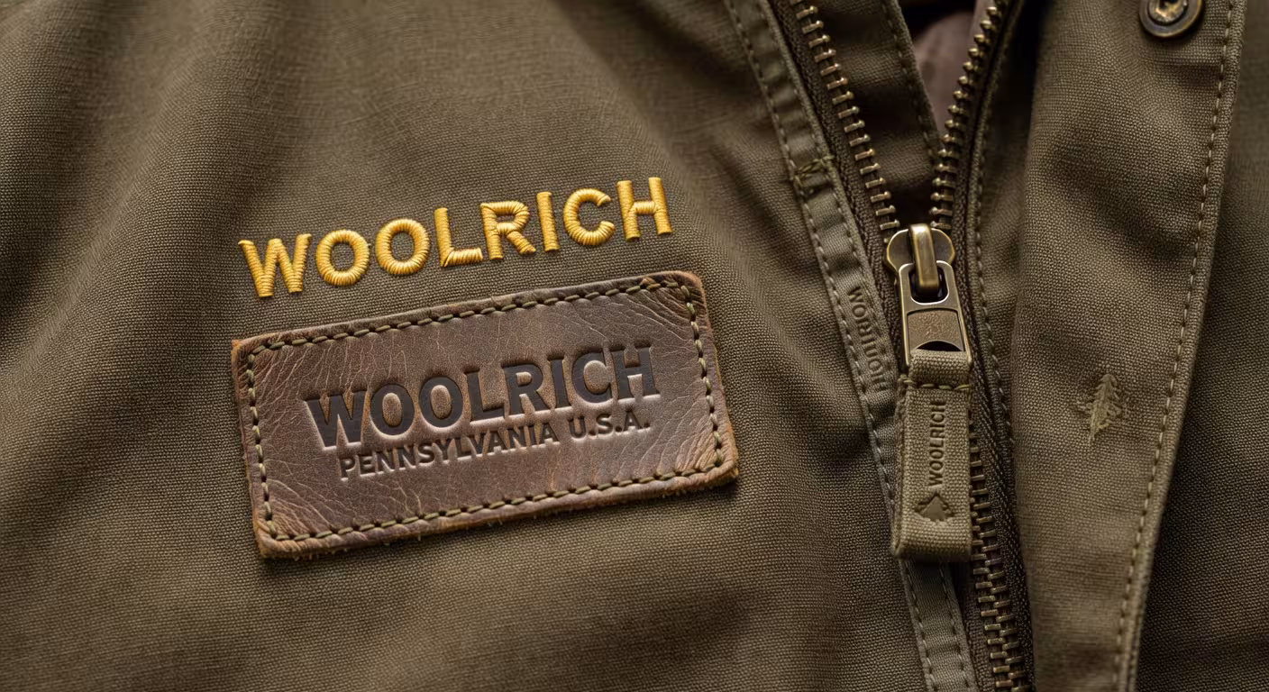 Detalle de etiqueta y logotipo auténtico de parka Woolrich Arctic mostrando bordado de precisión y costuras perfectas
