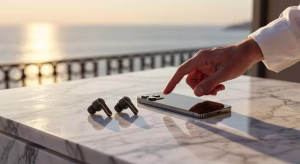 Auriculares inalámbricos premium sobre superficie de mármol con iluminación elegante