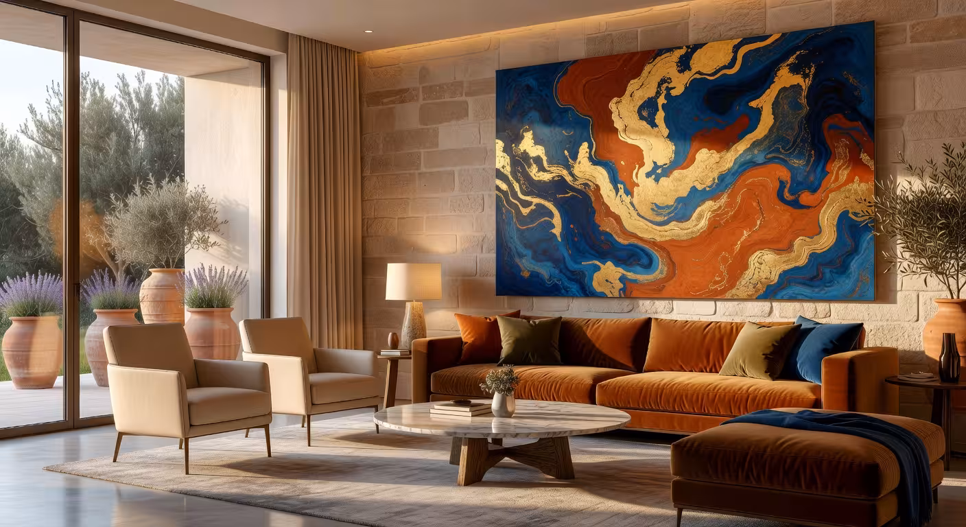 Cómo elegir obras de arte que transformen tu interior: 8 consejos de expertos Salón de lujo moderno con obra de arte abstracto contemporáneo sobre sofá de diseño