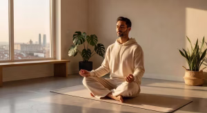 10 ejercicios de relajación que pueden eliminar el estrés rápidamente Hombre mediterráneo meditando en apartamento de lujo con vistas a Madrid durante la mañana