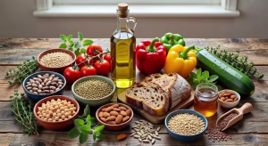 Ingredientes saludables de la dieta mediterránea con aceite de oliva, verduras frescas, frutos secos y legumbres sobre mesa de madera