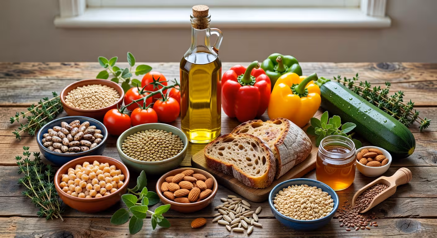 Ingredientes saludables de la dieta mediterránea con aceite de oliva, verduras frescas, frutos secos y legumbres sobre mesa de madera