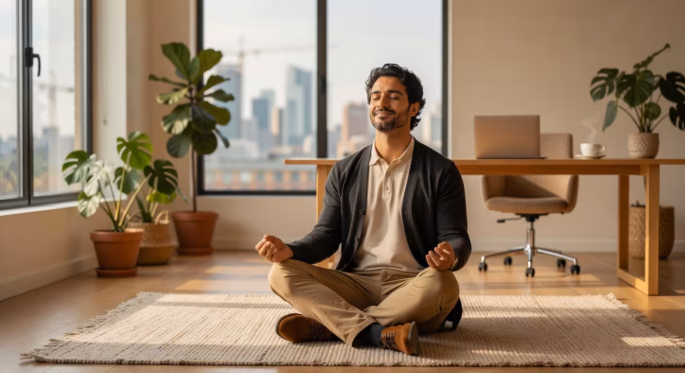 Ejecutivo meditando en oficina moderna priorizando su salud mental
