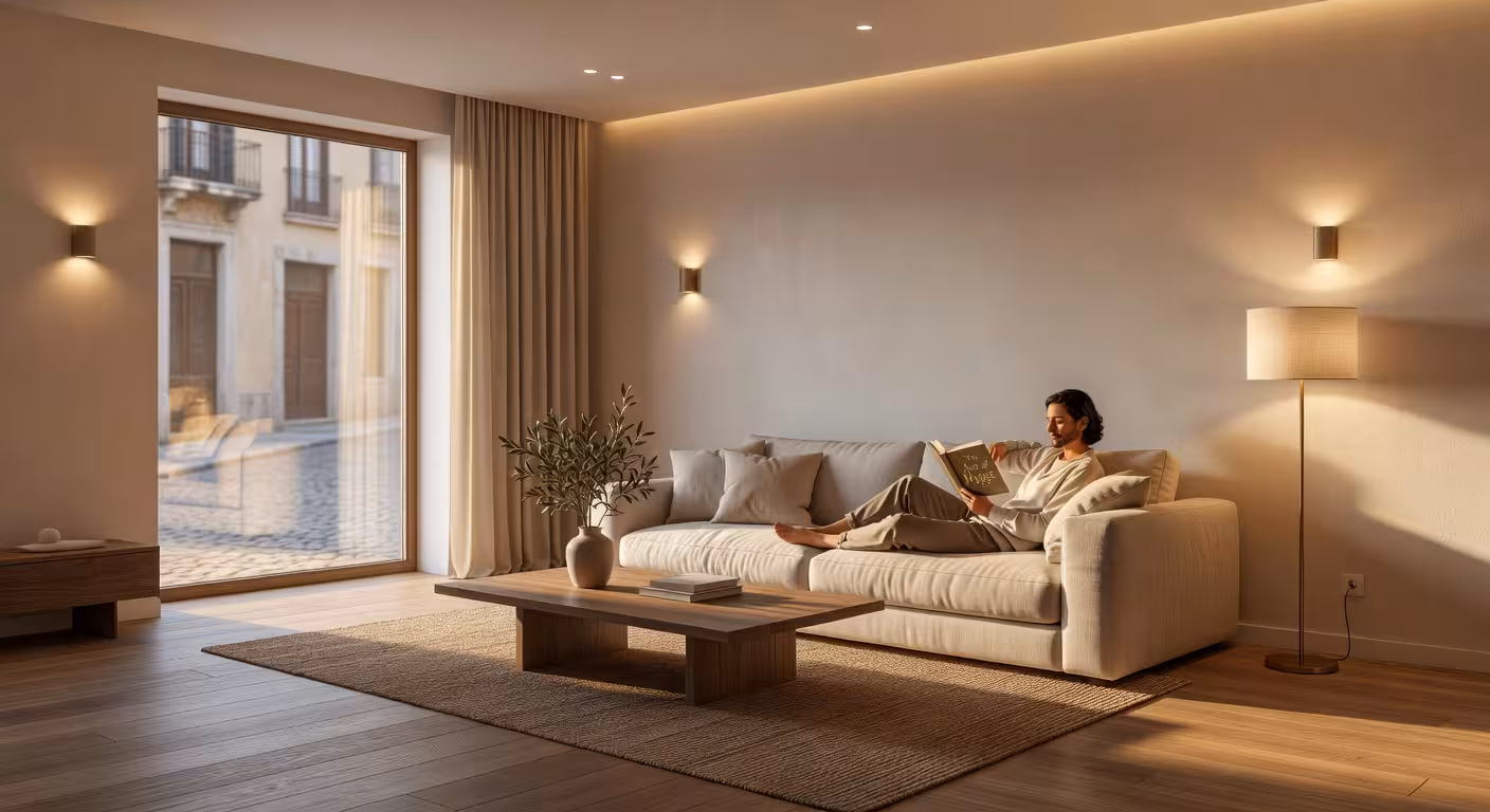 Salón moderno con iluminación cálida LED estratificada creando ambiente acogedor