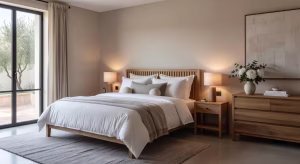 Habitación de invitados de lujo con cama king size, decoración minimalista y textiles naturales premium