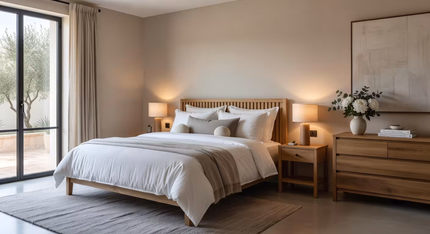 Cómo diseñar una habitación de invitados de lujo que cautive a tus visitantes Habitación de invitados de lujo con cama king size, decoración minimalista y textiles naturales premium