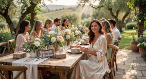 Fiesta de maternidad elegante en jardín privado con decoración botánica y paleta de colores neutros