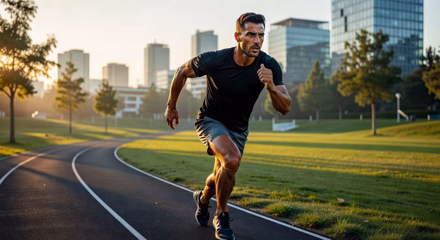 Hombre realizando entrenamiento fitness al aire libre en parque urbano al amanecer
