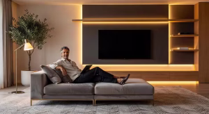 Transforma tu hogar con tiras LED inteligentes: guía completa de instalación y usos Salón moderno con iluminación LED ambiental bajo estanterías flotantes y detrás del televisor