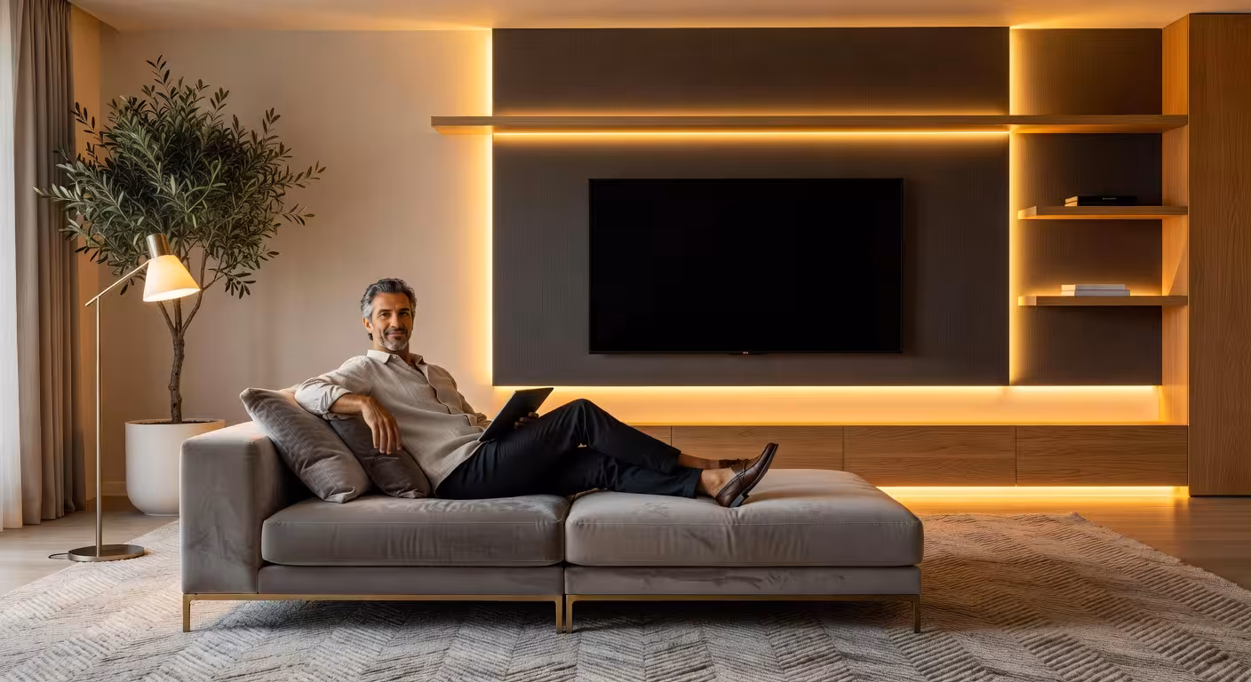 Salón moderno con iluminación LED ambiental bajo estanterías flotantes y detrás del televisor