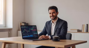 Invertir para principiantes: 5 consejos esenciales (y actualizados) para empezar con buen pie Hombre analizando inversiones en ordenador portátil en oficina moderna