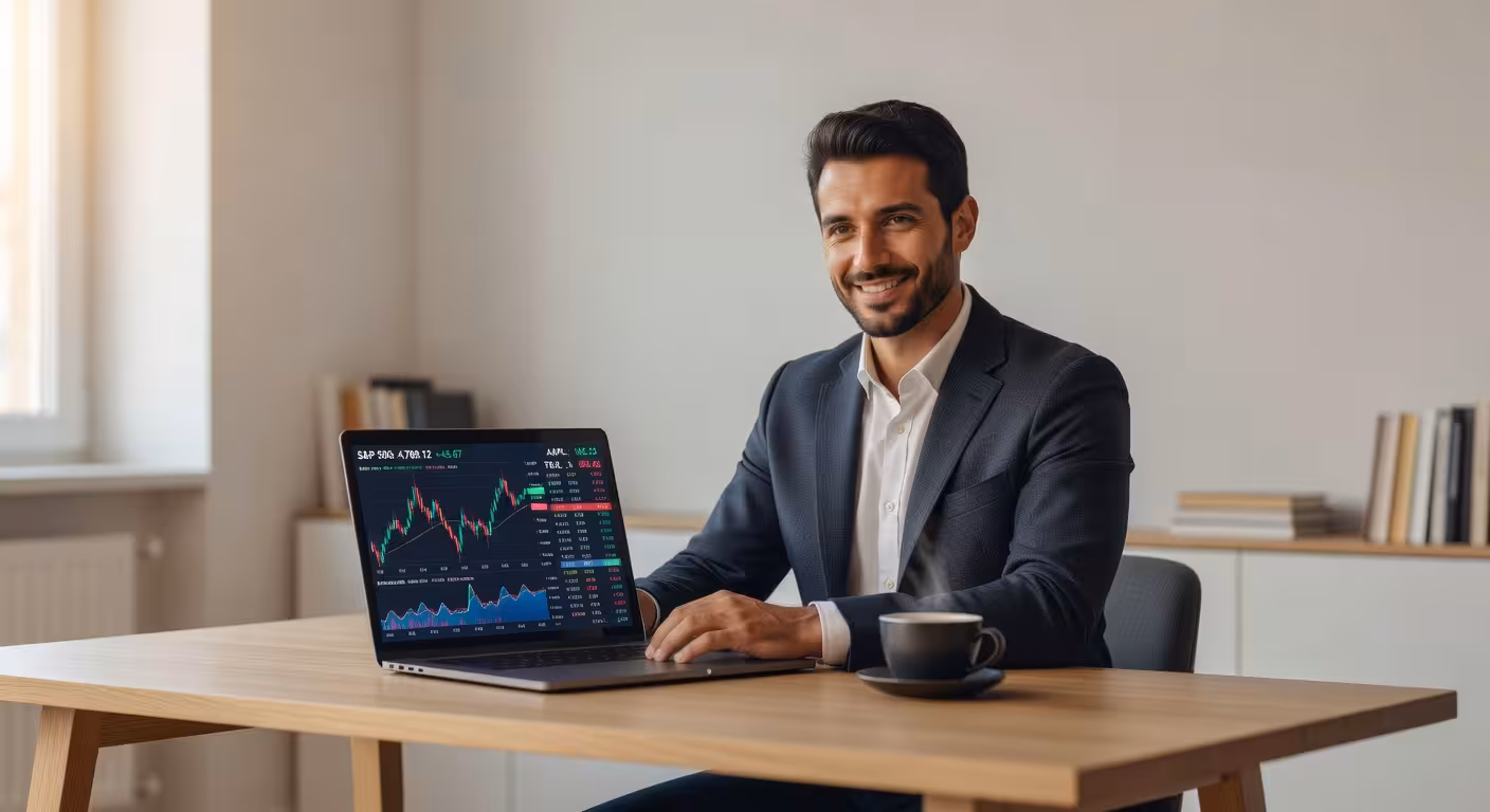 Invertir para principiantes: 5 consejos esenciales (y actualizados) para empezar con buen pie Hombre analizando inversiones en ordenador portátil en oficina moderna