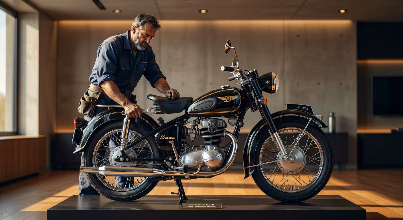 Honda Dream Type D de 1949, la primera motocicleta Honda en un showroom moderno con iluminación cinematográfica