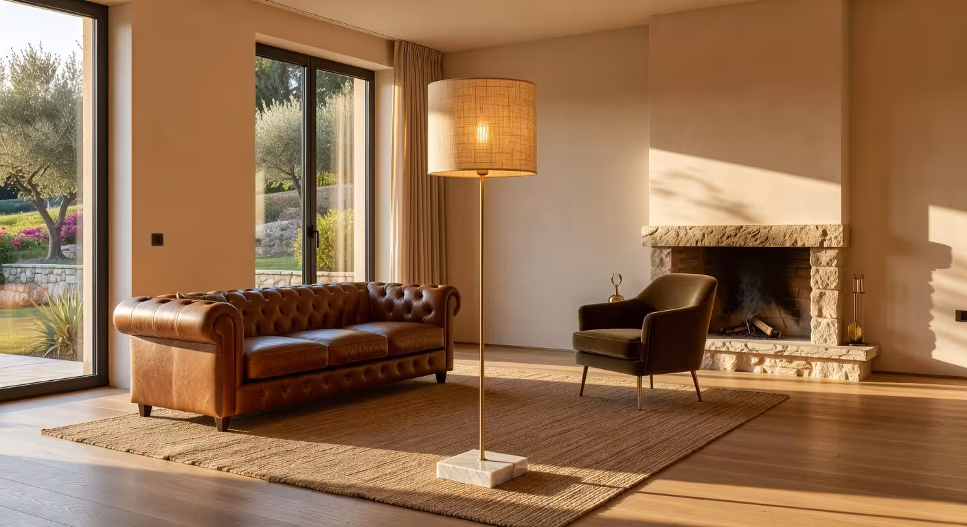 Cómo elegir la lámpara de pie perfecta para tu hogar (Guía completa) Lámpara de pie de diseño moderno en salón minimalista de lujo con iluminación ambiental cálida