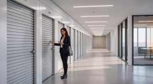 Interior moderno de centro de self-storage con trasteros organizados y pasillos amplios