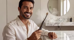 10 claves para mantener una salud dental óptima Hombre con sonrisa perfecta sosteniendo cepillo eléctrico premium en baño de lujo