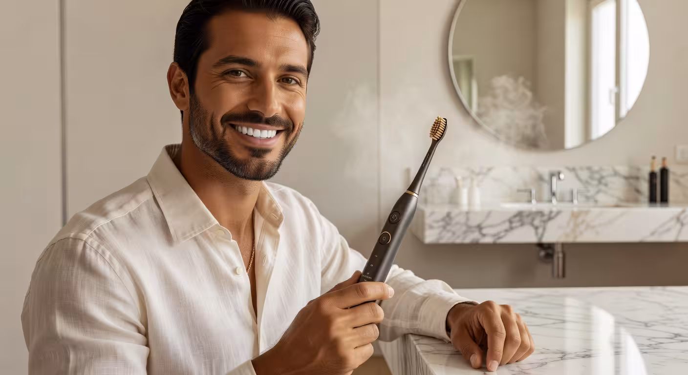 Hombre con sonrisa perfecta sosteniendo cepillo eléctrico premium en baño de lujo