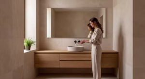 ¿Cuál es la mejor manera de amueblar un baño pequeño? 10 consejos prácticos Baño pequeño moderno con grifería empotrada negra mate y mueble suspendido de madera