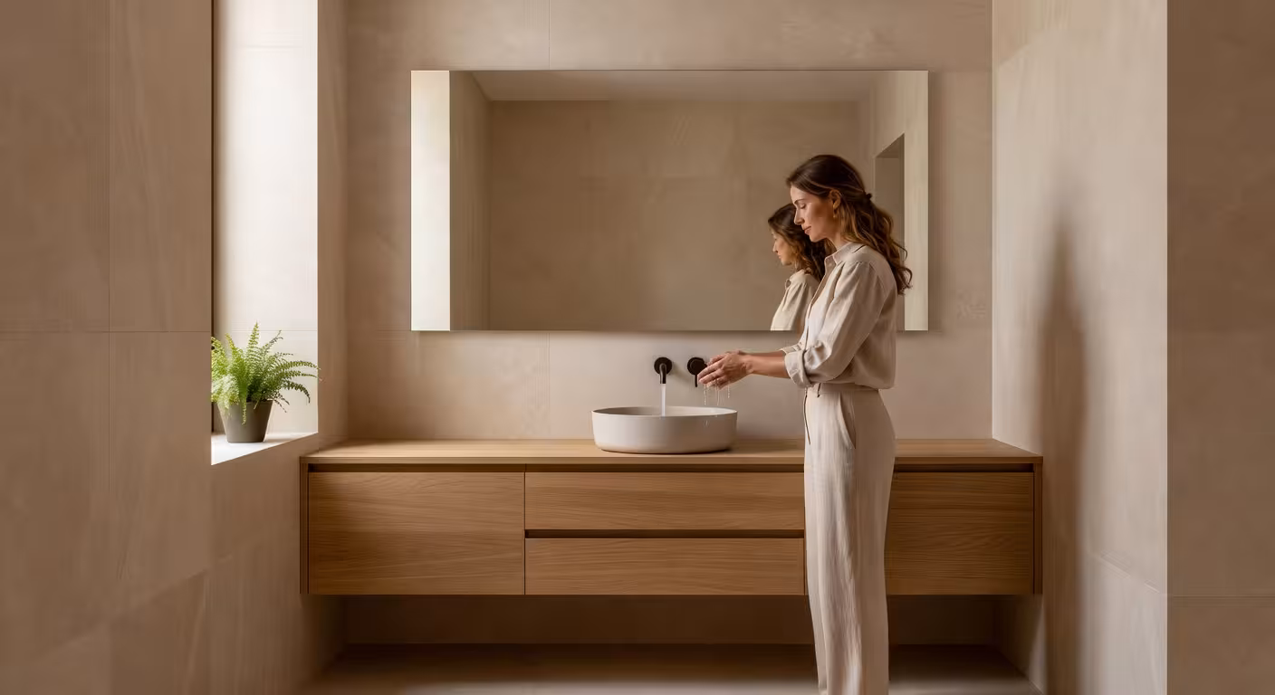 ¿Cuál es la mejor manera de amueblar un baño pequeño? 10 consejos prácticos Baño pequeño moderno con grifería empotrada negra mate y mueble suspendido de madera
