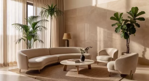 Salón moderno y acogedor con plantas altas de gran formato, tonos cálidos tierra y muebles de diseño contemporáneo