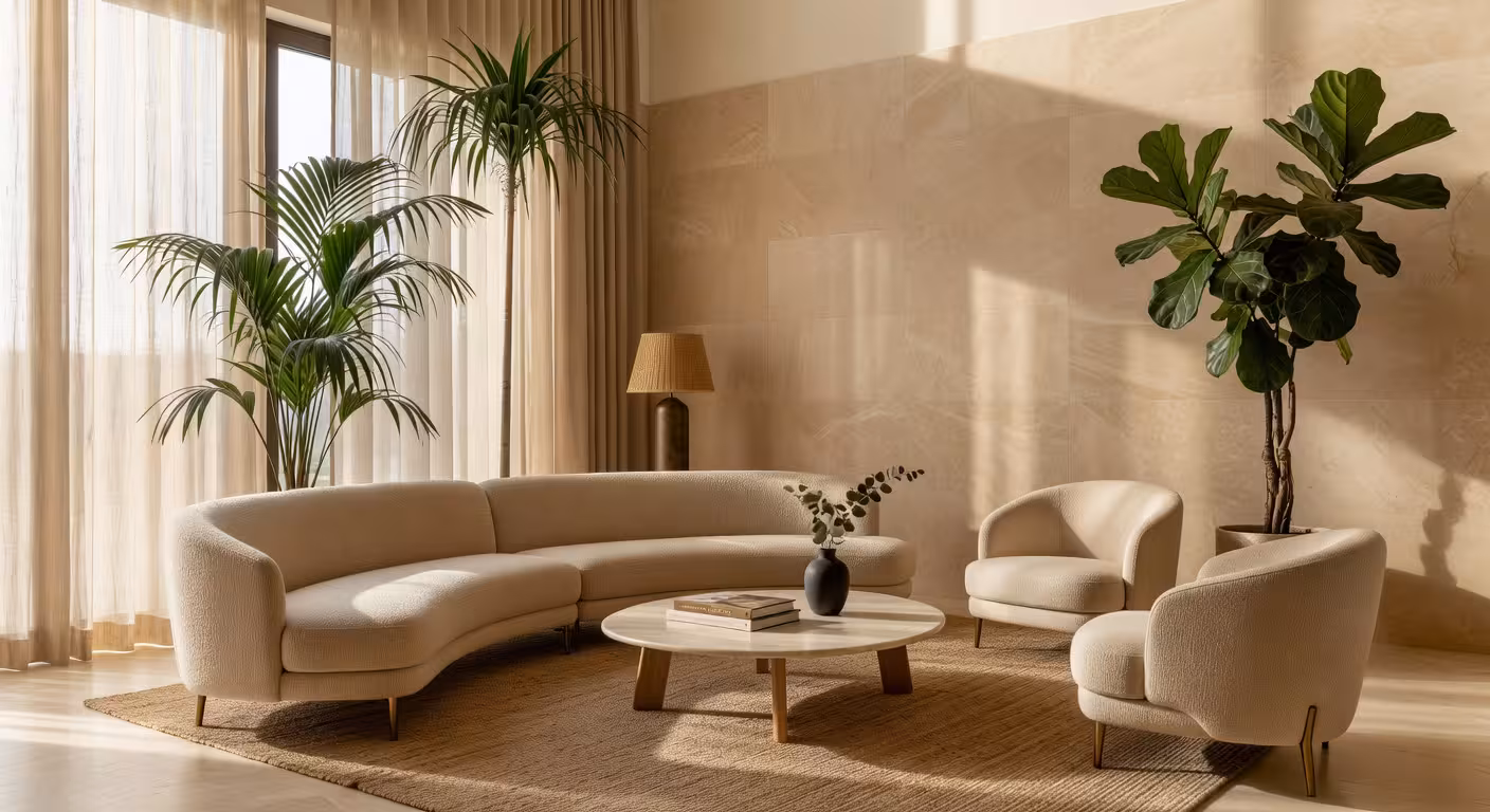 Salón moderno y acogedor con plantas altas de gran formato, tonos cálidos tierra y muebles de diseño contemporáneo