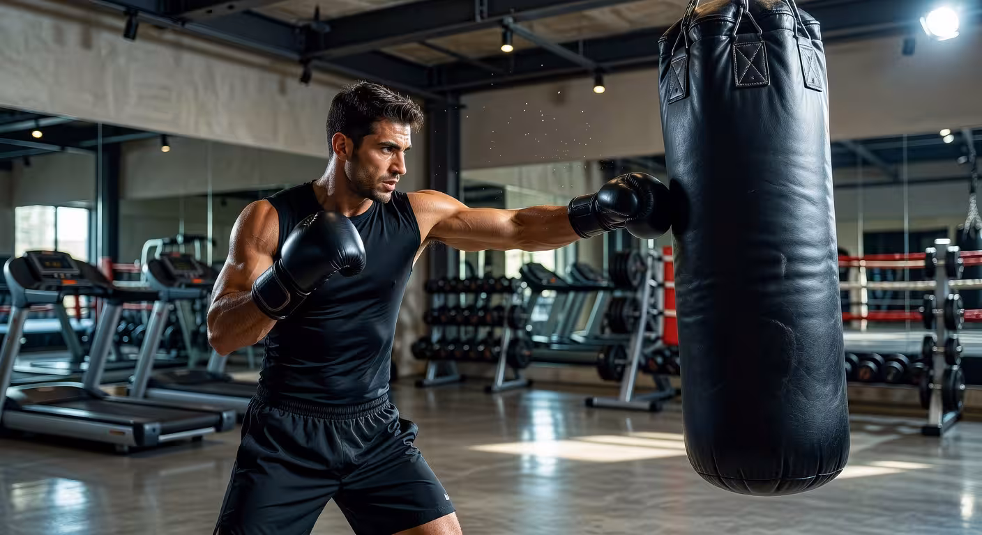 10 razones para añadir el boxeo a tu rutina de entrenamiento Hombre entrenando boxeo en gimnasio de lujo golpeando saco pesado con técnica profesional
