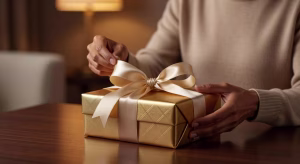 Caja de regalo de lujo siendo abierta con papel premium y cinta de seda