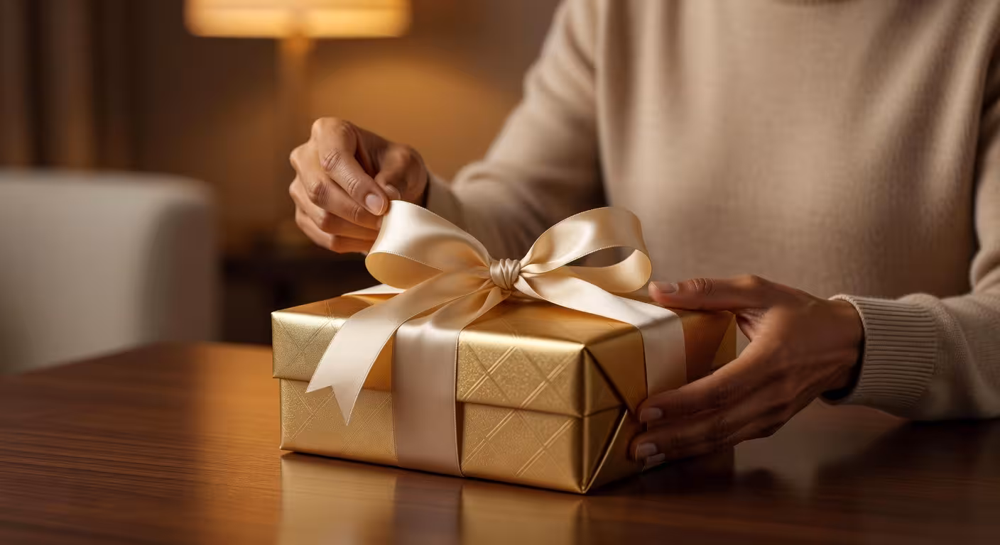 Cómo dar el regalo perfecto: guía definitiva para acertar siempre Caja de regalo de lujo siendo abierta con papel premium y cinta de seda