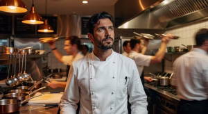 Chef profesional trabajando en cocina de restaurante durante el servicio