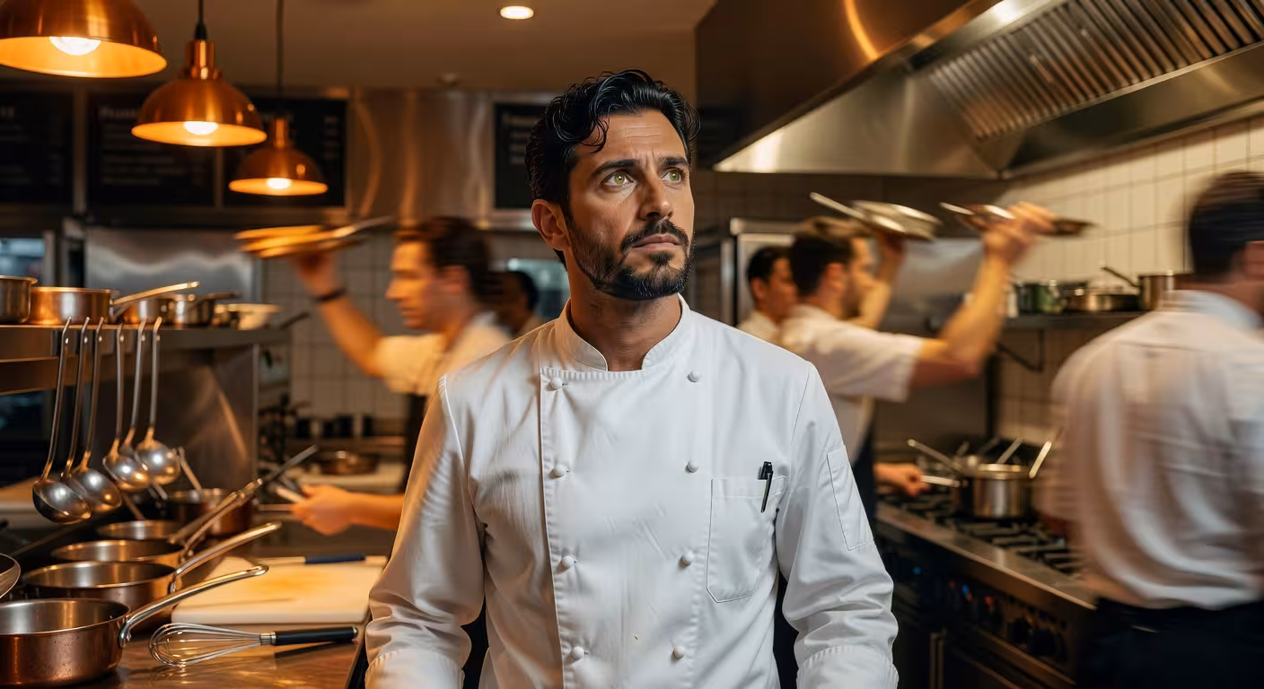 Convertirse en chef: 9 realidades que debes conocer antes de dar el paso Chef profesional trabajando en cocina de restaurante durante el servicio